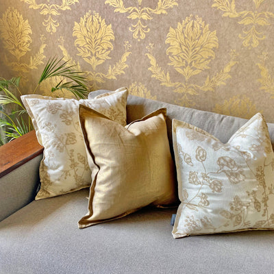 cream gold cushion covers in set of 3 in 16x16 size for your sofa