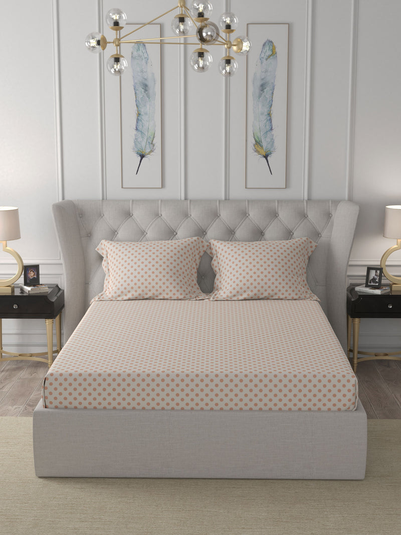 Polka dot peach printed bedsheet king size with pillow covers