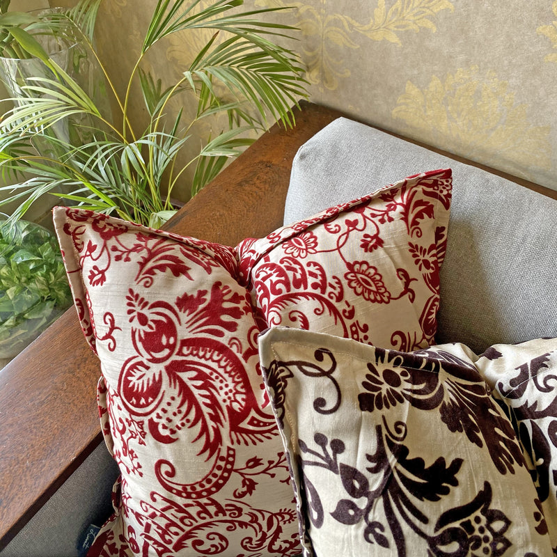 Heritage style cushion covers - Red, Brown Flock