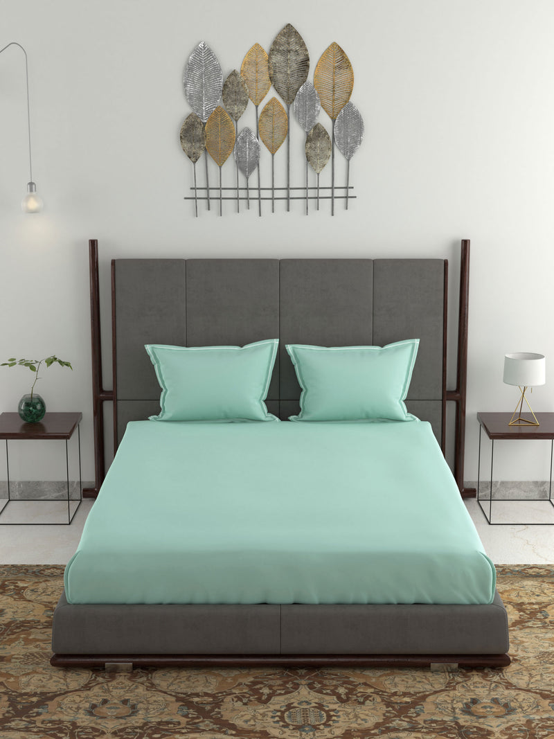Mint green 200 tc cotton percale double bed queen size bedsheet with 2 pillow covers with all around embroidery