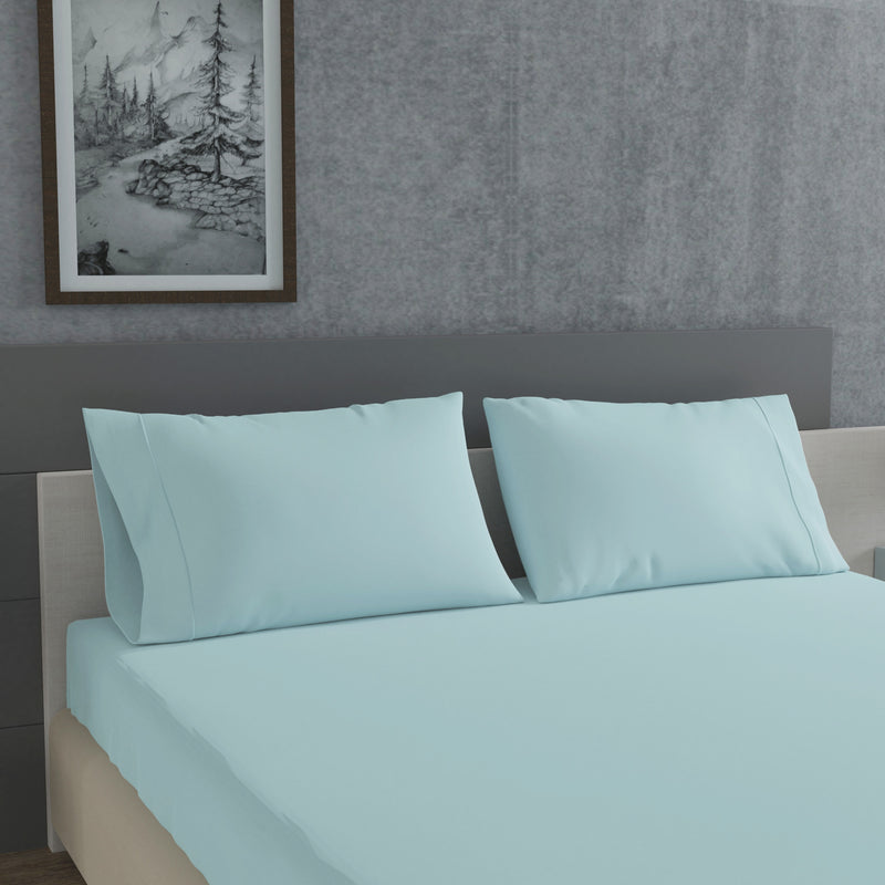 Light Blue 600 tc cotton satin fitted bedsheet with embroidery on pillow covers