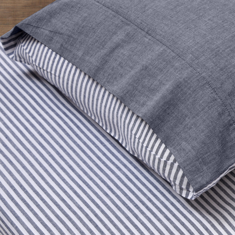 Dusky blue striped yarn dyed cotton double bed bedsheet with pillow covers combo